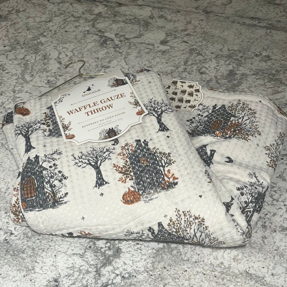 Envogue Halloween Haunted House Waffle Gauze Lace Reversible Plush Throw Blanket